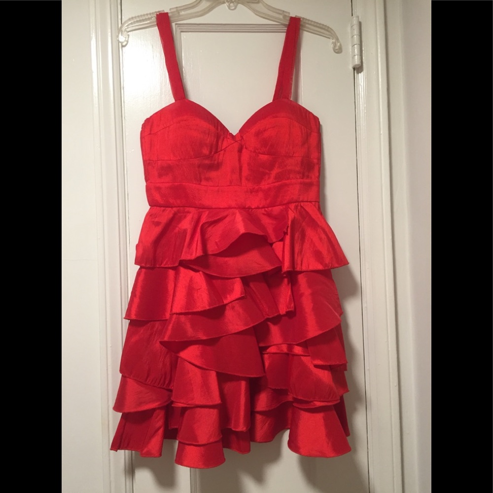 Red cocktail dress with ruffled skirt